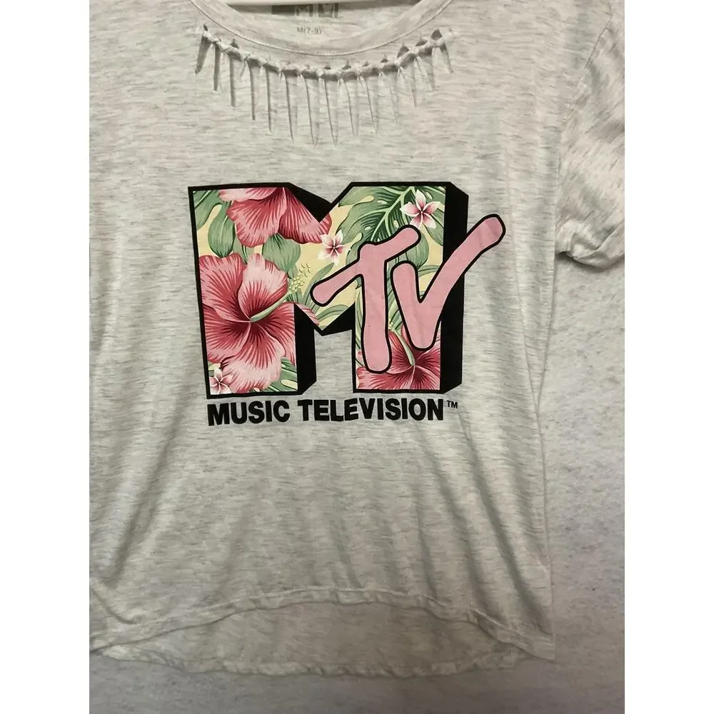 MTV Music Shirt Girls‎ M Gray Floral Logo Cutout Scoop Neck Graphic Tee